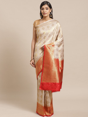 Saanjh Blocked Printed, Woven Saree with Attached Blouse Silk Blend Saree(Beige)