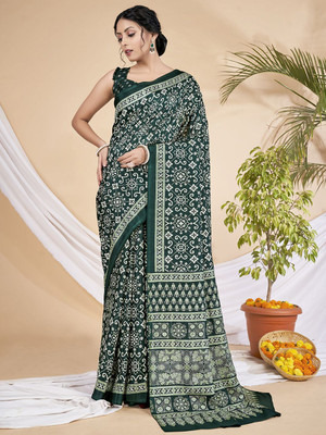 Anouk Rustic Printed Hand Batik Silk Blend Saree(Green)