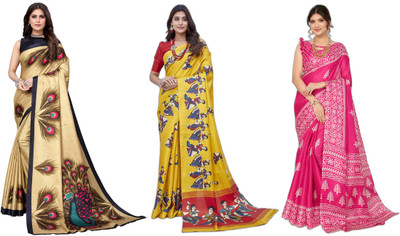 YASHIKA Printed Bhagalpuri Art Silk Saree(Pack of 3, Gold, Yellow, Pink)