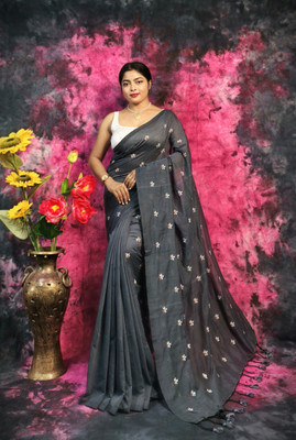 Lakshmi Boutique Printed Handloom Cotton Blend Saree(Purple, White, Orange)