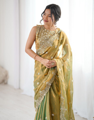 Satrani Embroidered, Embellished Bollywood Chiffon Saree(Mustard, Gold)
