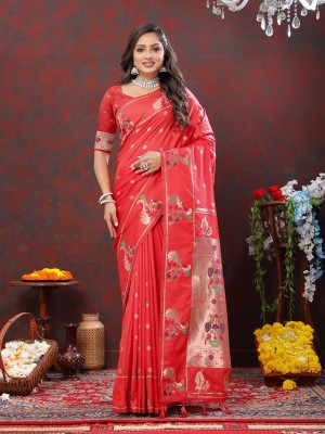 Zeekha Printed Paithani Pure Silk Saree(Red)