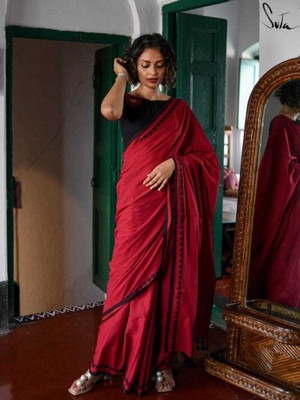 Dada Vai Sharee Store Solid/Plain Handloom Pure Cotton, Cotton Blend Saree(Black, Red)