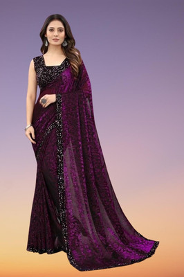 Vragi Floral Print Bollywood Lycra Blend Saree(Purple)