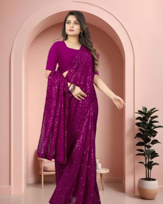 Jayu Digital Print, Dyed, Embroidered, Printed, Self Design, Striped Bollywood Georgette Saree(Magenta)