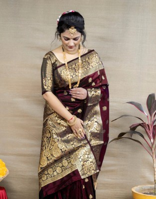 SSP TEX Woven Kanjivaram Silk Blend, Pure Silk Saree(Maroon)