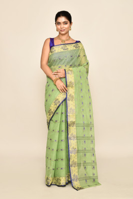 maa textile Self Design Tant Pure Cotton Saree(Green)