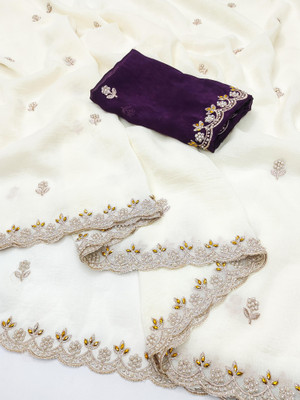 VATRIKA Embroidered Bollywood Chiffon Saree(White)