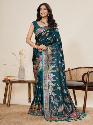 VISVASTA Woven, Self Design, Striped, Dyed, Printed, Embellished Handloom Jacquard, Silk Blend Saree(Green)