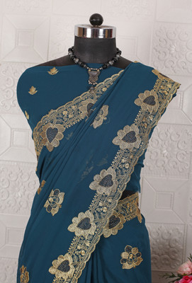 UMATEXFAB Embroidered Bollywood Georgette Saree(Dark Blue)