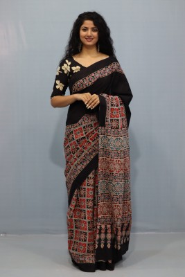 ABHIT CREATION Printed Daily Wear Pure Cotton Saree(Black)