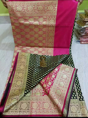 Subha collection Printed Banarasi Silk Blend Saree(Black, Pink)