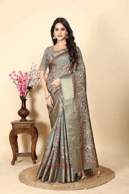 J6 Designers Printed Madhubani Cotton Silk Saree(Grey)