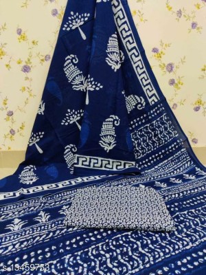 Rjcreation Printed, Blocked Printed, Hand Painted, Floral Print, Dyed Daily Wear Pure Cotton Saree(Blue)