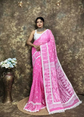 OSARIO Woven Jamdani Cotton Silk Saree(Pink)