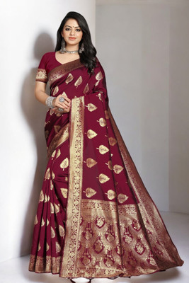 Pikham Self Design Banarasi Art Silk Saree(Maroon)