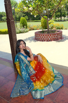 KOTHARI SBT Solid/Plain Bandhani Organza Saree(Light Blue)