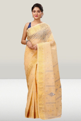 Kanokanjoli Woven Jamdani Handloom Cotton Blend Saree(Yellow)