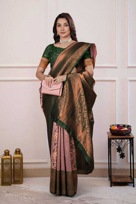 FLUIT LESVETEMENTS Printed, Floral Print, Digital Print Banarasi Silk Blend Saree(Green)