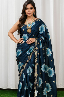Putravadhu sarees Floral Print Bollywood Chiffon Saree(Dark Blue)