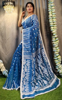 OSARIO Woven Jamdani Cotton Silk Saree(Light Blue)