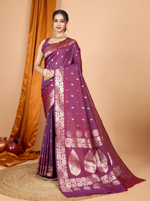 VM Selling Hub Woven, Self Design Banarasi Pure Silk Saree(Purple)