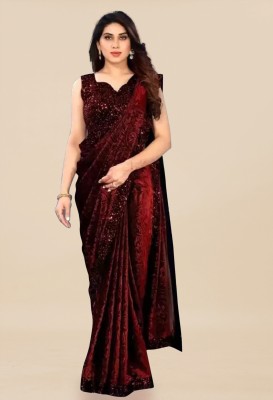 KV Fashion Embroidered Bollywood Lycra Blend Saree(Maroon)