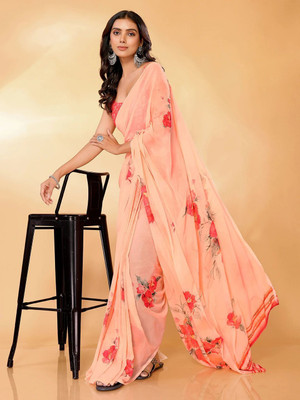 Janasya Printed Leheria Georgette Saree(Orange)