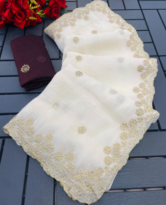 Zari and Ziba Embroidered Bollywood Chiffon Saree(Beige)