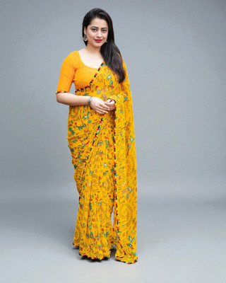 Adroit Management Printed Bollywood Chiffon Saree(Yellow)