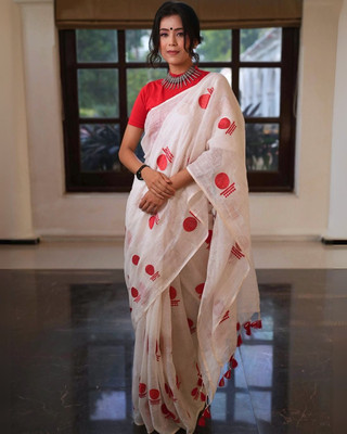 yourwish Printed Bollywood Cotton Blend Saree(Red, White)