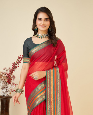 SICHYAH Woven Kota Doria Cotton Silk Saree(Red, Grey)