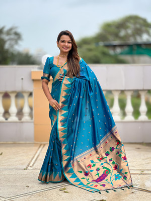Divastri Printed Paithani Cotton Silk Saree(Blue)