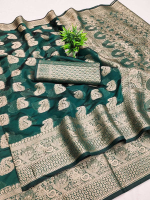DHARM CREATION Self Design Banarasi Jacquard Saree(Green)