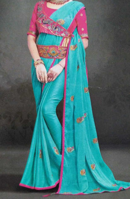 scope creations Self Design, Embroidered Bollywood Chiffon Saree(Blue)