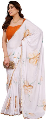 sadika Embellished, Digital Print Daily Wear Chiffon, Silk Blend Saree(Orange, White)