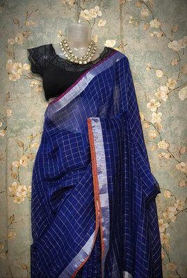 AMIT STORE Self Design Handloom Cotton Linen Saree(Dark Blue)