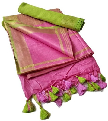 Aamir Fashion Textile Solid/Plain Bhagalpuri Handloom Cotton Linen Saree(Pink)