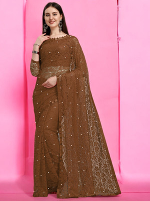 Nexafashion Self Design Bollywood Net Saree(Brown)