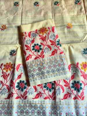 PNB Embroidered, Floral Print, Woven, Printed Mekhela Chador Pure Cotton Saree(Yellow, Red)