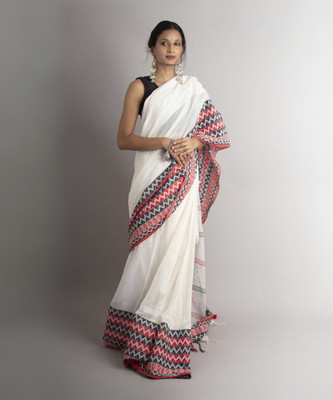 ADbutiq Self Design Bollywood Handloom Cotton Blend Saree(White)