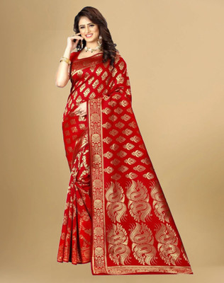 Divastri Woven, Embellished Banarasi Silk Blend, Jacquard Saree(Red)