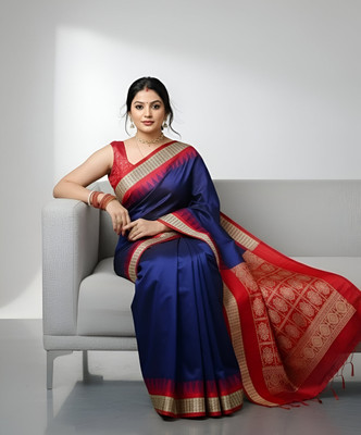 Afronza Temple Border, Striped, Solid/Plain, Tie-Dye Sambalpuri Silk Blend Saree(Blue, Red)