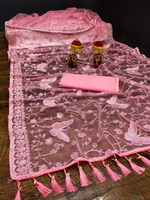 LDCN Self Design Daily Wear Net Saree(Pink)