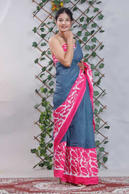 Om Traders Printed Saree with Attached Blouse Cotton Silk Saree(Grey, Pink)