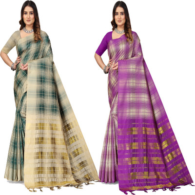 PRIYANSH CREATION Checkered Daily Wear Cotton Blend Saree(Pack of 2, Multicolor)