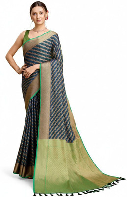 Tantvi Striped Banarasi Jacquard Saree(Green, Blue)