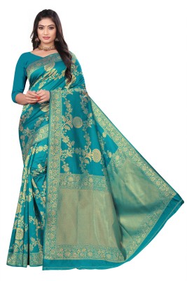 SKYWEAR EXPORT Woven Kanjivaram Jacquard, Pure Silk Saree(Blue)