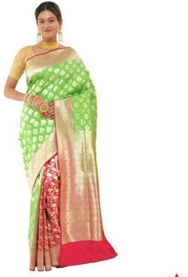 HouseOfCommon Self Design Banarasi Tussar Silk Saree(Green, Pink)