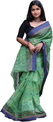 Adwaita Global Woven Tant Handloom Pure Cotton Saree(Green)